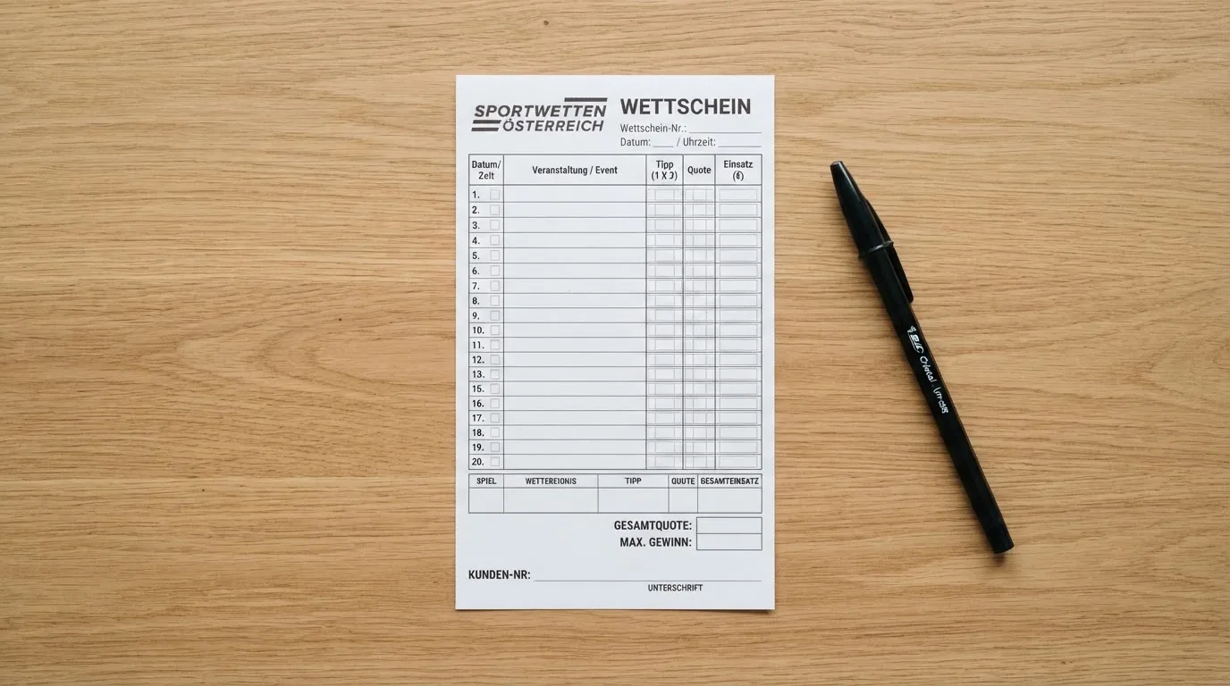Ein leerer Wettschein aus Papier liegt neben einem Kugelschreiber auf einer hellen Tischplatte, aufgenommen von oben.