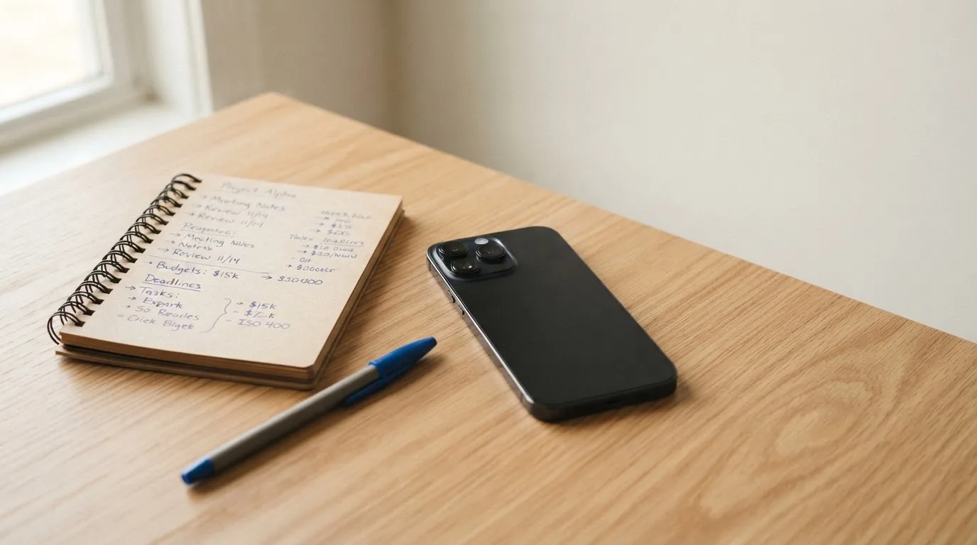 Ein Smartphone mit dunklem Display liegt auf einem Holztisch neben einem Notizblock und einem Stift, Tageslicht von links.