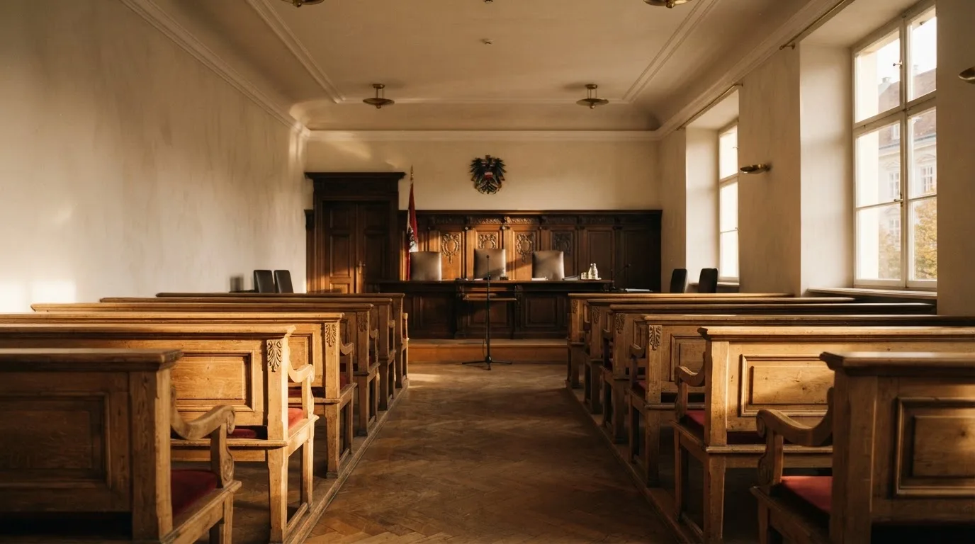 Leerer Sitzungssaal mit Holzbänken im Morgenlicht