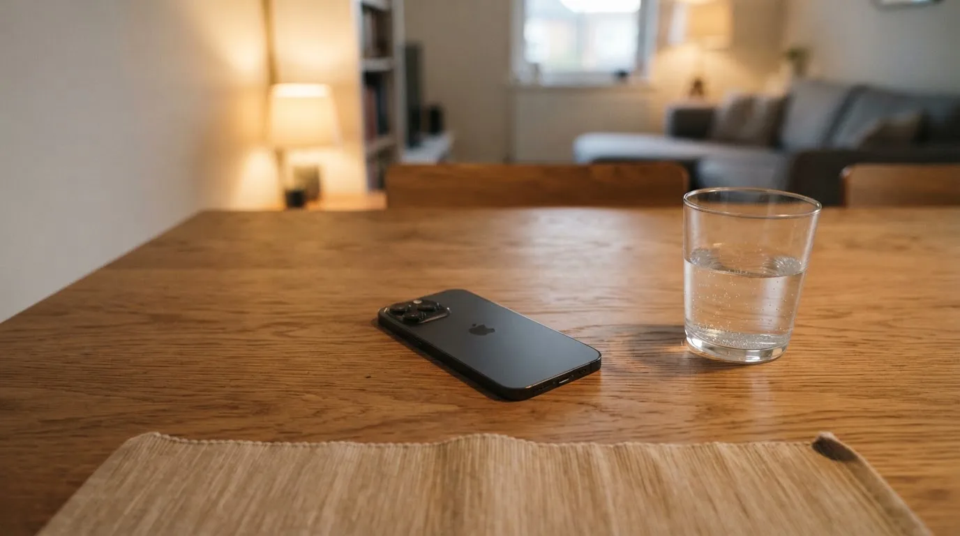 Ein Smartphone liegt mit dem Display nach unten auf einem Holztisch neben einem Glas Wasser, ruhige Abendstimmung in einem Wohnzimmer.