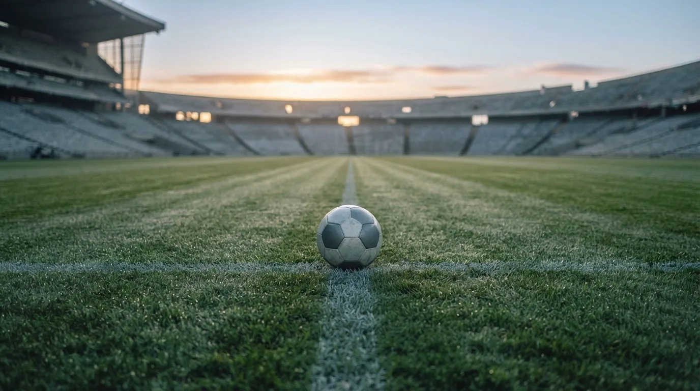 Ein Fußball auf dem Mittelpunkt eines Rasenplatzes, früher Morgen, Tau auf dem Gras, im Hintergrund leere Tribünen.