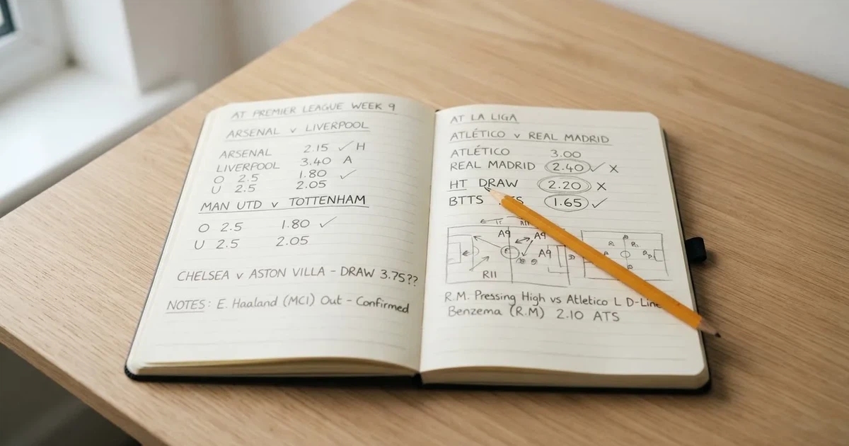 Ein Notizbuch mit handschriftlichen Stichpunkten und kleinen Skizzen liegt neben einem Bleistift auf einem hellen Tisch, Tageslicht von der Seite.